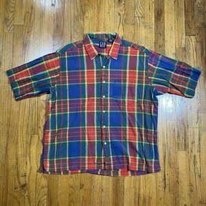 Vintage 90s GAP Colorful Plaid Shirt Large Short Sleeve Loop Collar Madras